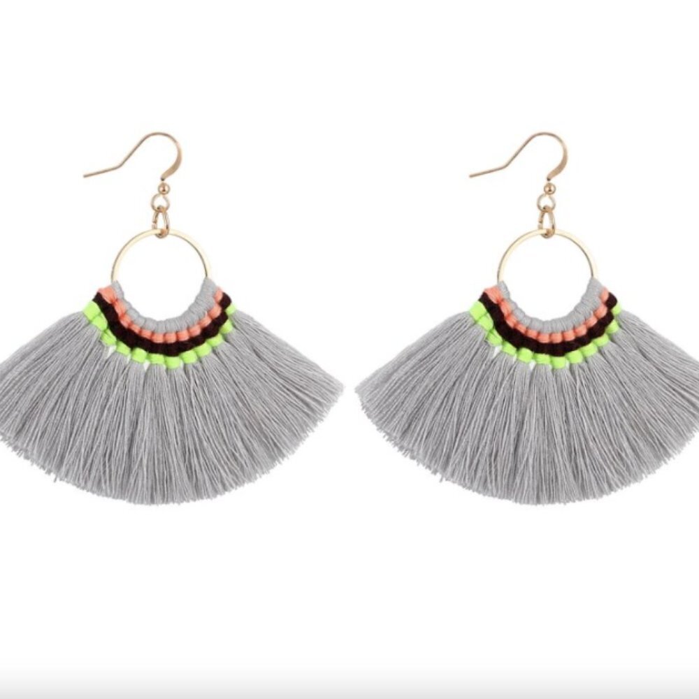NEW Bohemian Handmade Gray / Neon Yellow / Coral / Black Fan Tassel Earrings
